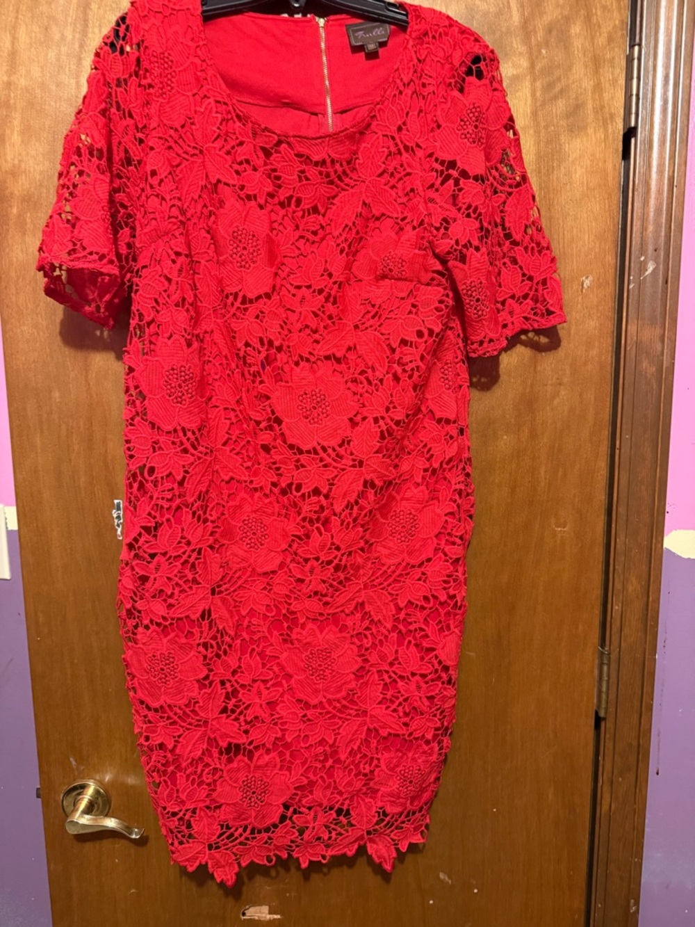 Women's Red Lace Midi Dress with Floral Crochet Overlay